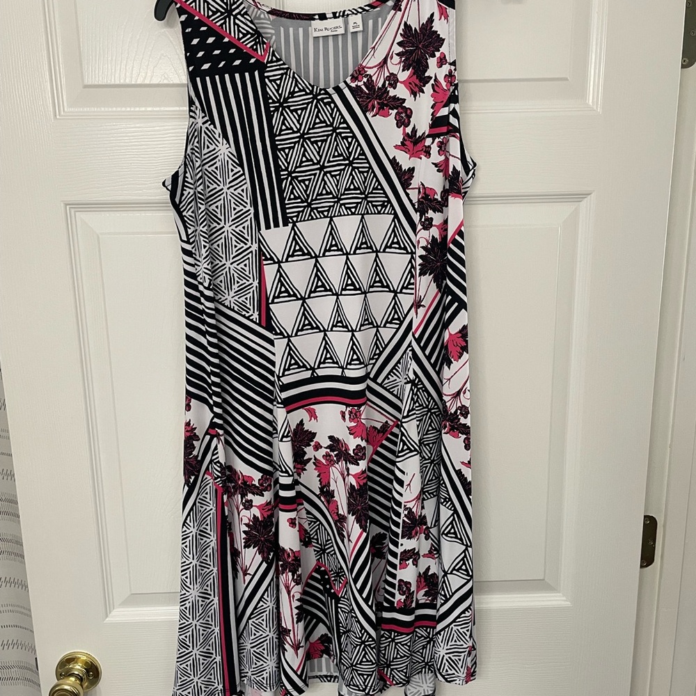 Kim Rogers Black and White Geometric Dress with Pink Floral Accents